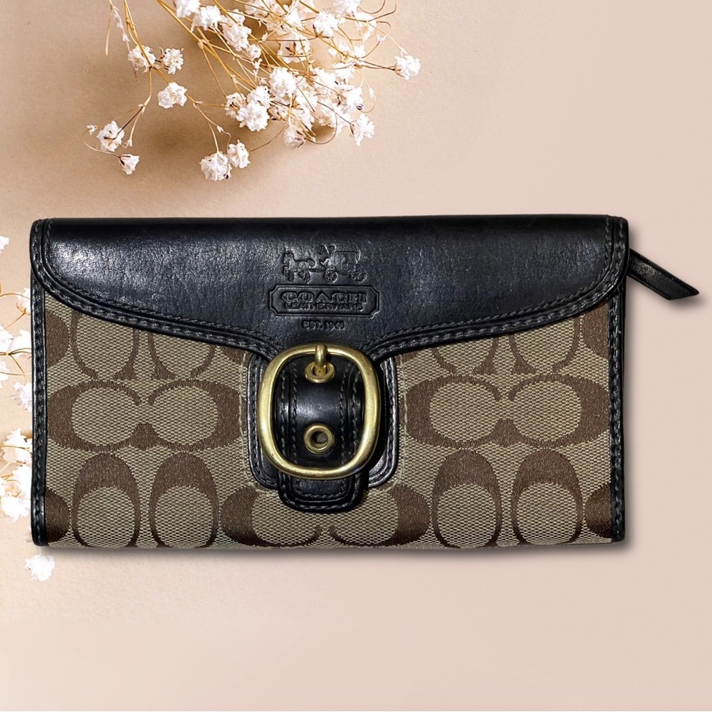 COACH Bleecker Signature Brown Leather Buckle Flap Wallet Clutch